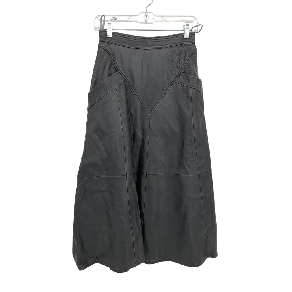 Vintage 90s A-Line Midi Skirt Womens Size 26" Black Leather Large Pockets